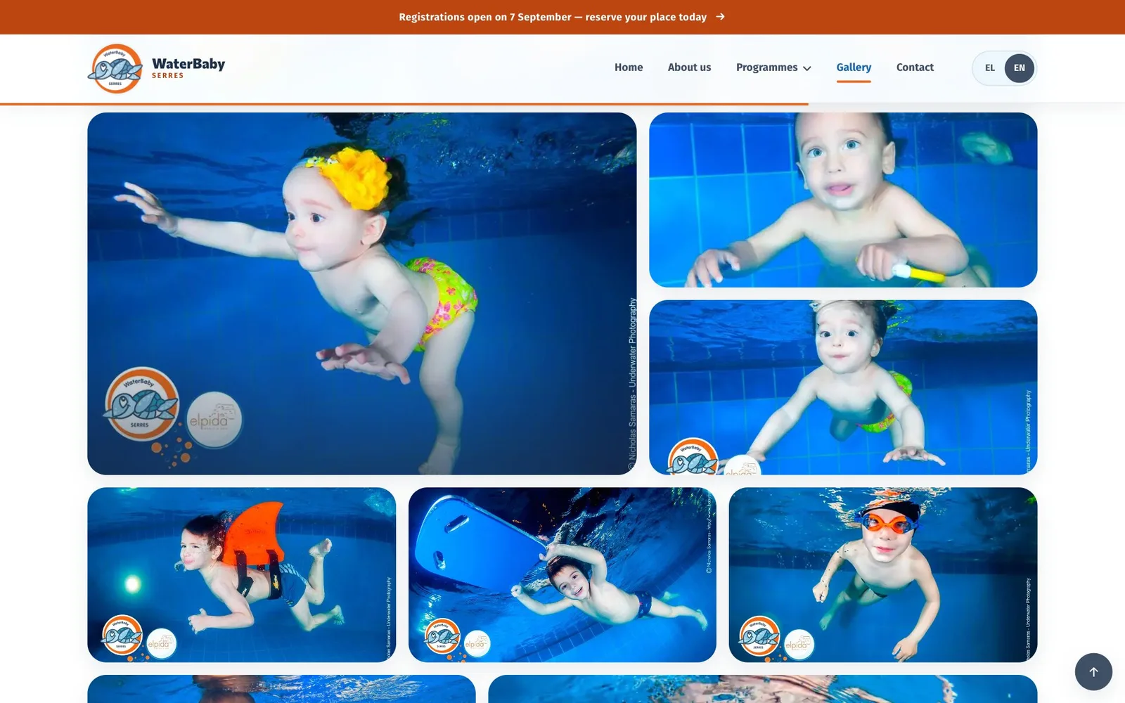 A grid of underwater photographs in mixed sizes: a large tile of a baby with a yellow flower headband swimming with arms outstretched, two tiles of young children underwater facing the camera, and a row of three showing a child with an orange fin-shaped float on the back, a child gliding beneath a blue kickboard and a child in orange goggles. Each photograph carries the WaterBaby and Elpida logos and a photographer’s credit.