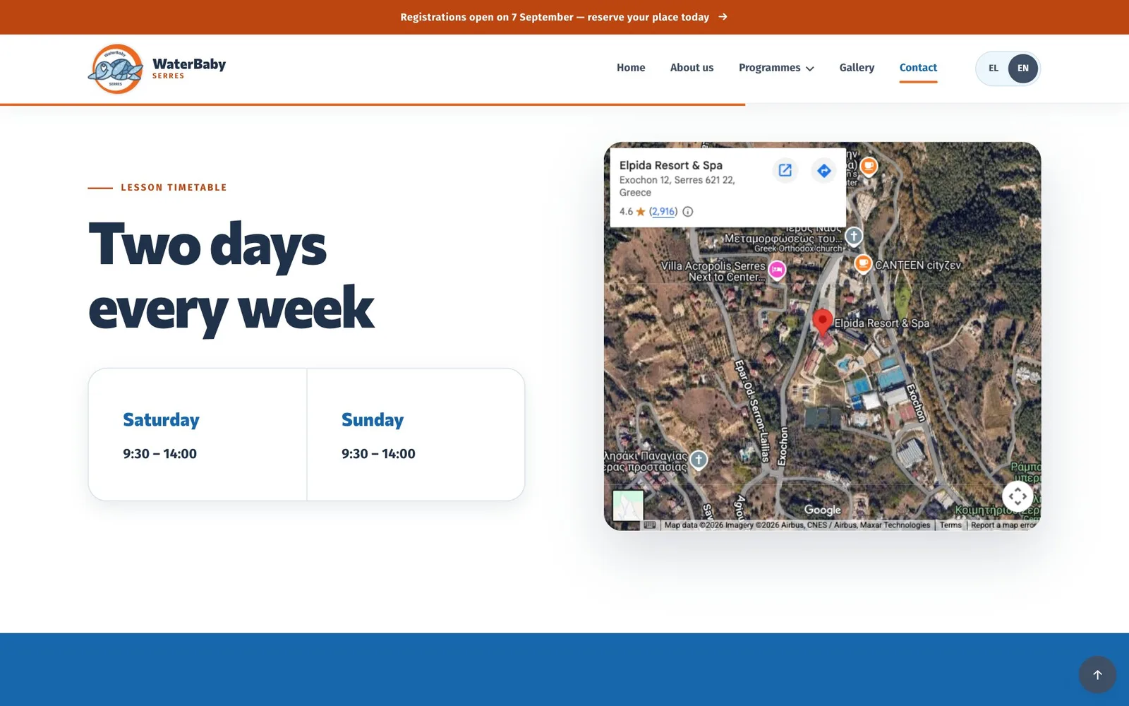 The contact page’s timetable: the heading “Two days every week” above a card giving Saturday and Sunday, each 9:30 – 14:00, beside a satellite map with a red pin on Elpida Resort & Spa and a card with its address in Serres and a 4.6-star rating; the top of a blue band shows below.