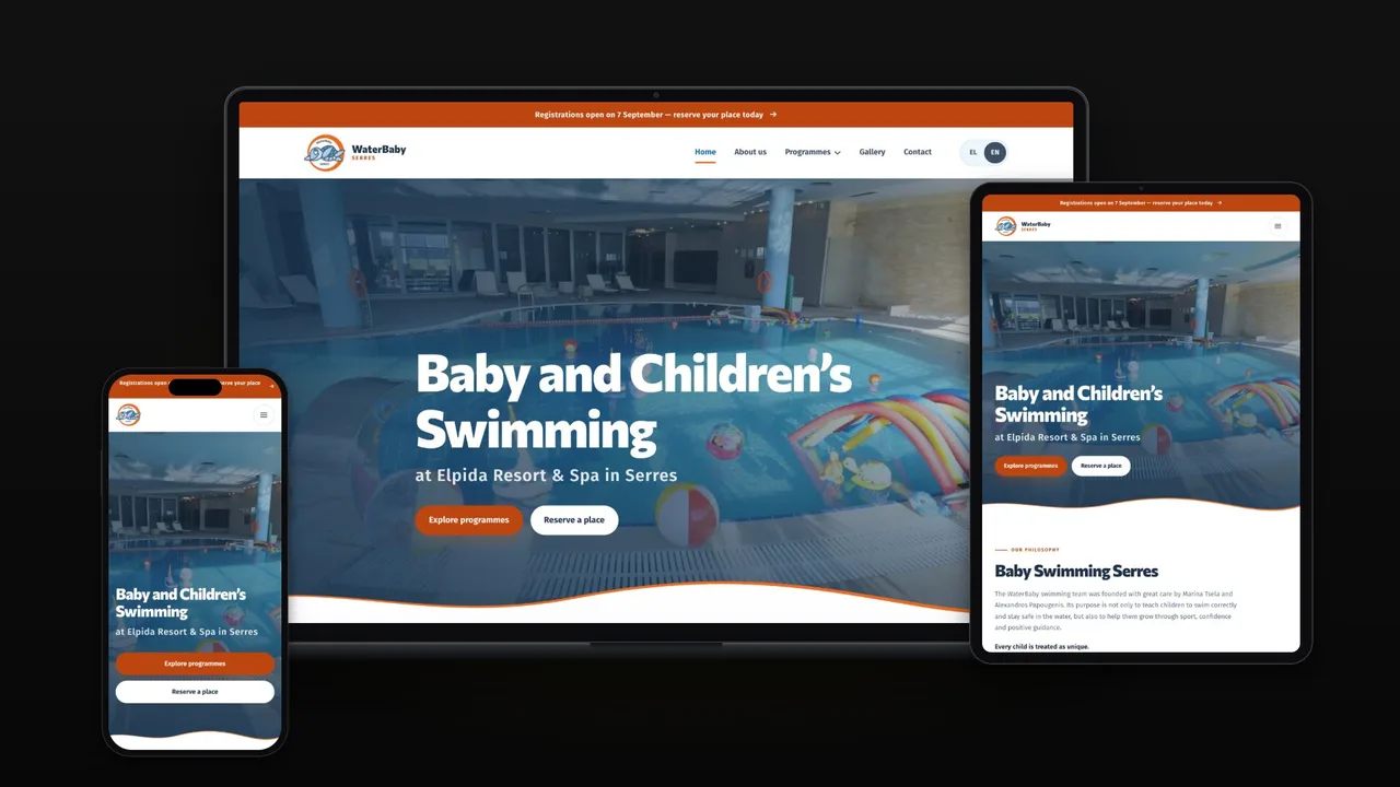 WaterBaby Serres on a laptop, a tablet and a phone