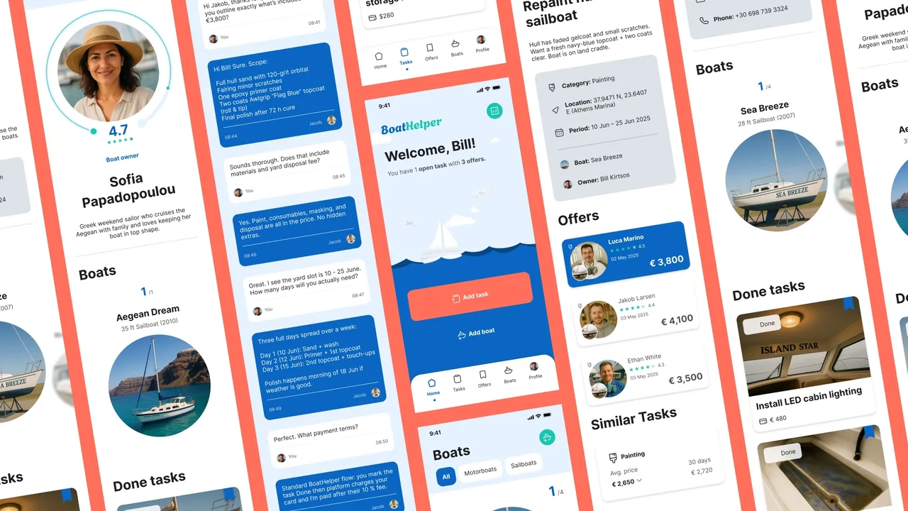 BoatHelper mobile prototype screens: owner profile, boat listings, offers and task cards