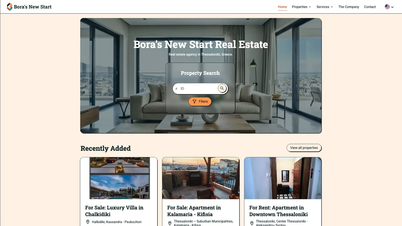 borasnewstart.gr homepage with a property search panel over a living-room photograph