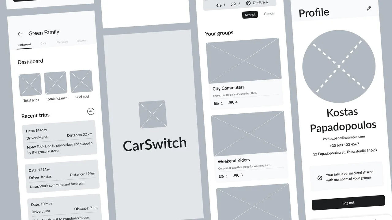 CarSwitch low-fidelity wireframes showing a group dashboard, car lists and a member profile