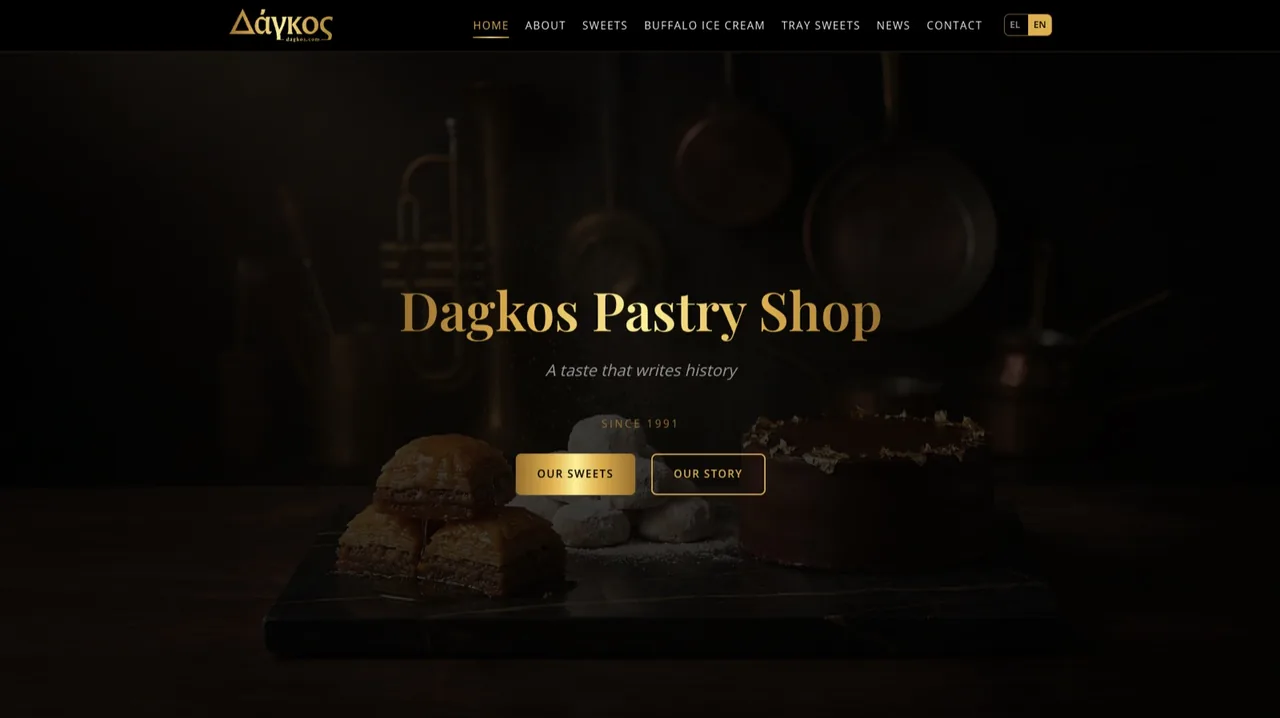 Dagkos Pastry Shop homepage with the shop name set over a dark display of pastries