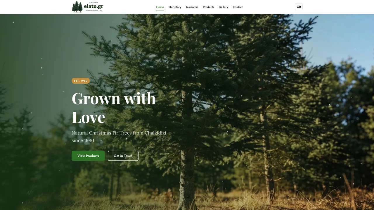 elato.gr homepage reading 'Grown with Love' over a photograph of a fir plantation