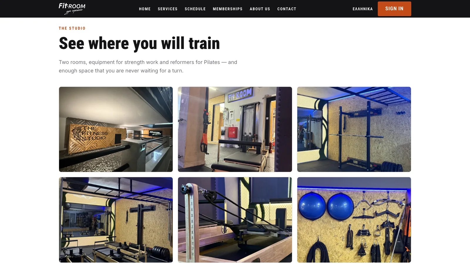 Section headed See where you will train, with six photographs of the two rooms