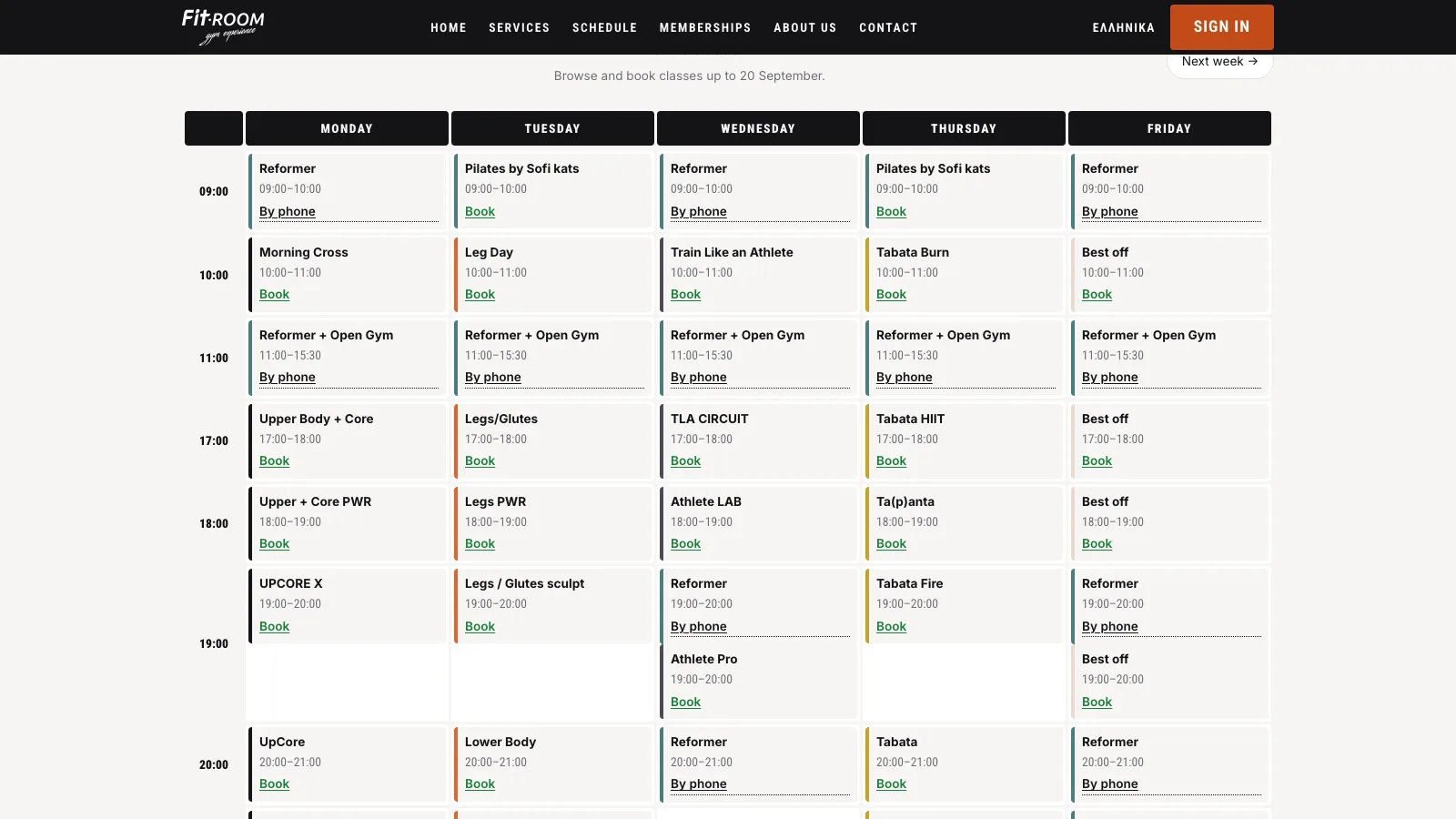 Weekly class grid where each class offers either Book or By phone