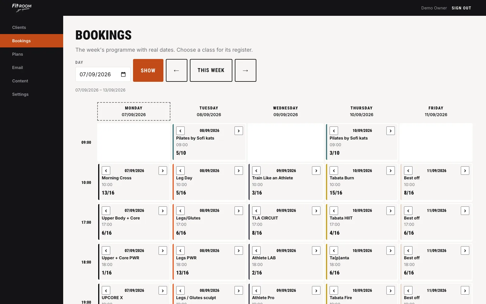 Admin bookings screen: a dated week of classes, each showing how many seats are taken