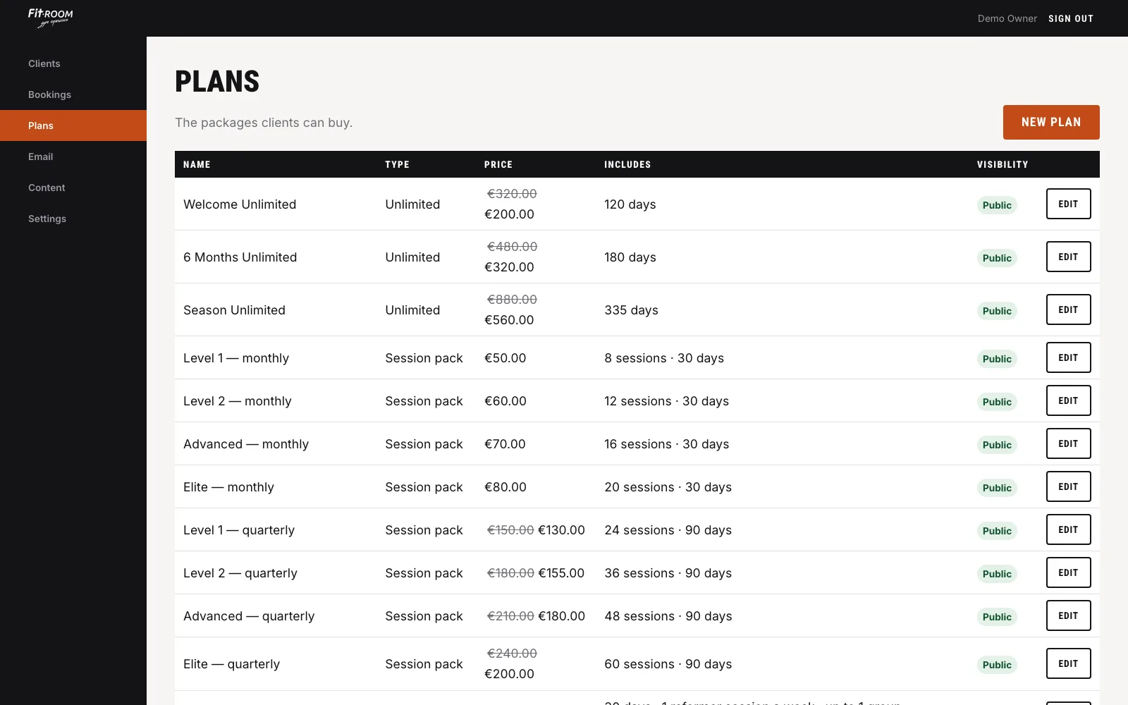 Plans screen listing packages with list price struck through beside the selling price