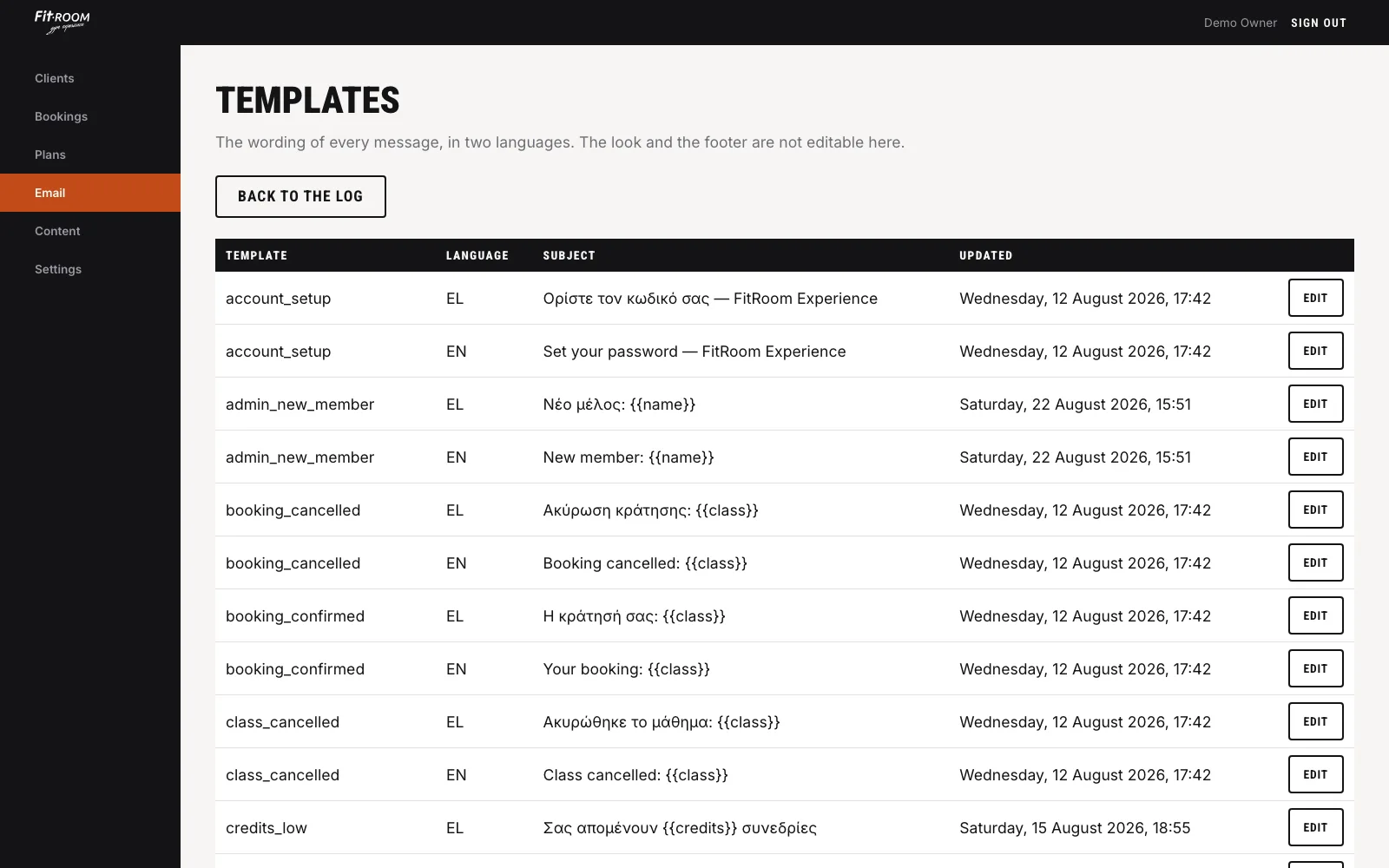 Email template list showing each message in Greek and English with placeholder variables