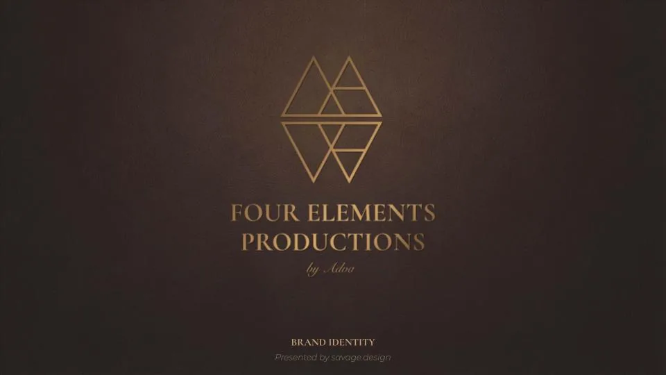 Bronze interlocking-triangle emblem and Four Elements Productions wordmark on espresso brown
