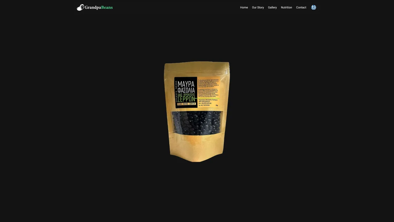 Grandpa Beans homepage with a kraft pouch of black beans on a dark backdrop