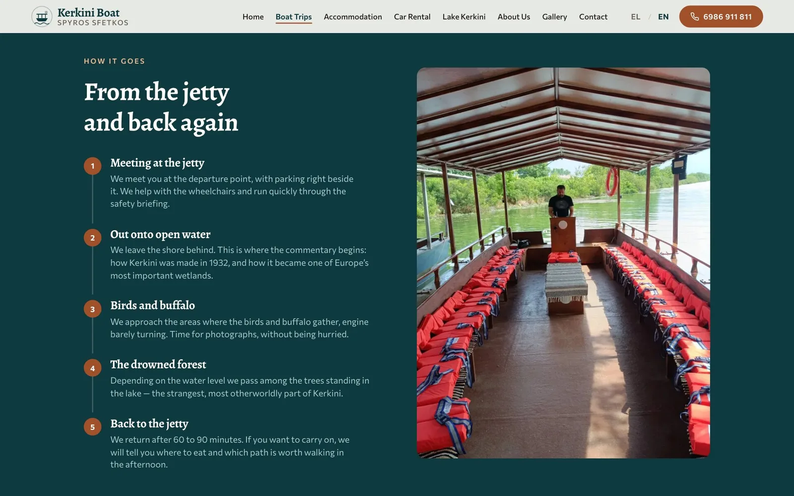 The section "From the jetty and back again" on dark teal: five numbered steps on a vertical line — Meeting at the jetty, Out onto open water, Birds and buffalo, The drowned forest, Back to the jetty — each with a short description, beside a tall photograph of the boat's deck with red life jackets along both benches and the skipper standing at a wooden console at the far end.