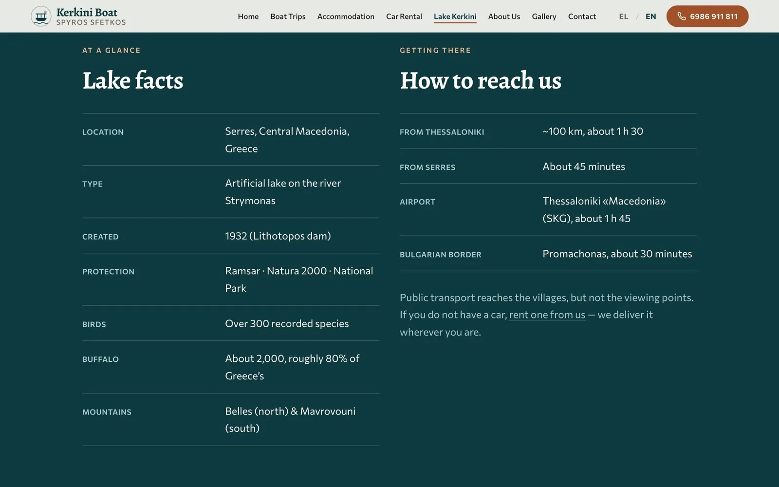 Two tables on dark teal. "Lake facts" lists location, type, year created, protection, birds, buffalo and mountains: Serres, Central Macedonia; an artificial lake on the river Strymonas; 1932, the Lithotopos dam; Ramsar, Natura 2000 and National Park; over 300 recorded species; about 2,000 buffalo; Belles and Mavrovouni. "How to reach us" gives the times from Thessaloniki, Serres, the airport and the Bulgarian border, with a note that public transport does not reach the viewing points and a link to rent a car.