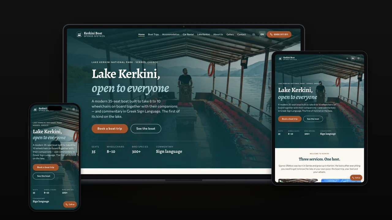 Kerkini Boat on a laptop, a tablet and a phone