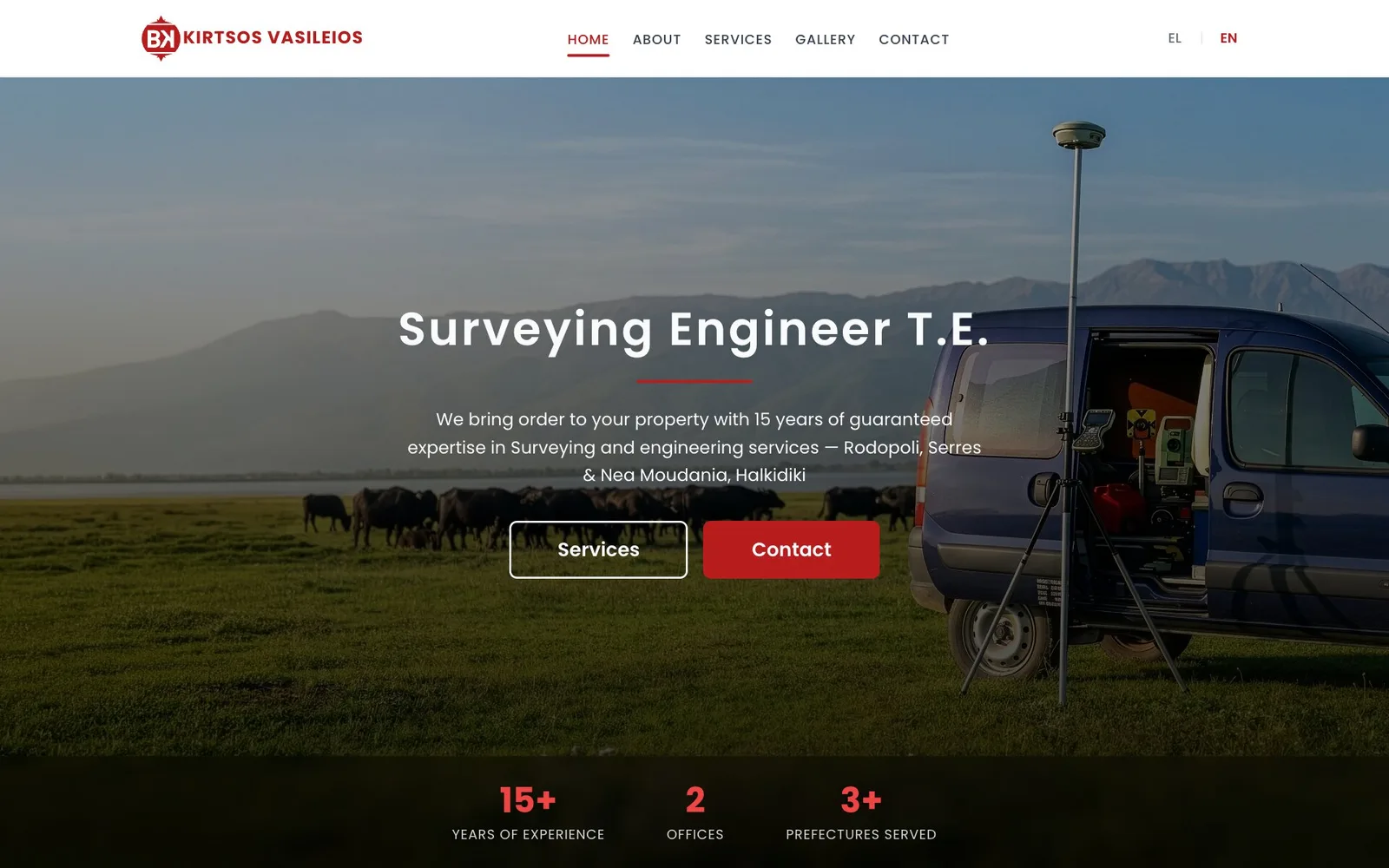 The kirtsos.gr home page: the red BK logo, a menu of Home, About, Services, Gallery and Contact, and an EL | EN switch, above a photograph of a GPS receiver on a surveying pole and tripod beside a blue van whose open side door shows surveying instruments, in a meadow where dark cattle graze below mountains; over it the heading "Surveying Engineer T.E.", a line about 15 years of experience in Rodopoli, Serres and Nea Moudania, Halkidiki, an outlined Services button and a red Contact button, with a strip of figures below: 15+ years of experience, 2 offices, 3+ prefectures served.