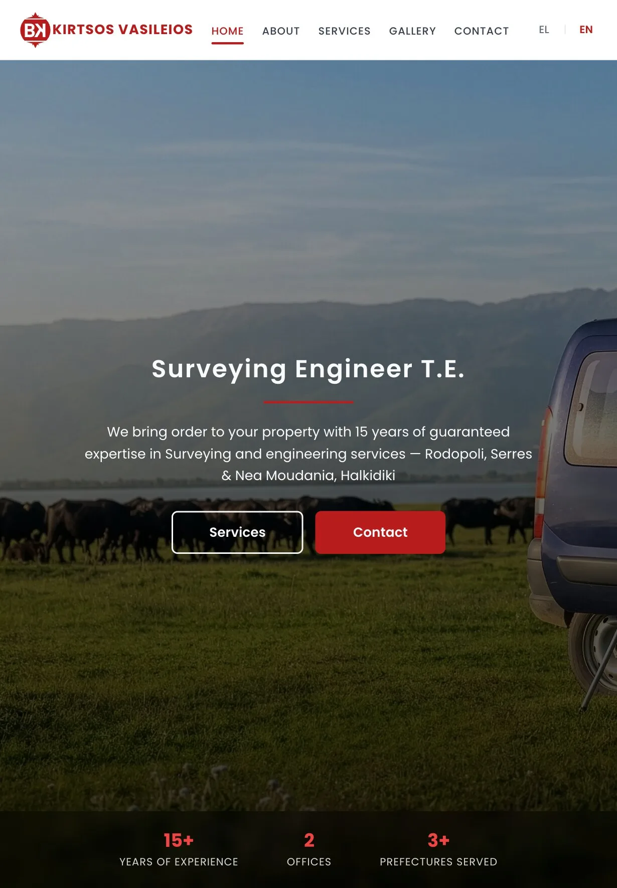 The home page on a tablet: the logo, the full menu and the EL | EN switch on one line, above the same meadow photograph with the van cut off at the right edge, the heading "Surveying Engineer T.E.", the introduction, the Services and Contact buttons, and the strip of figures at the bottom.