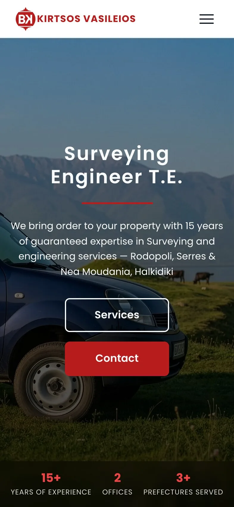 The home page on a phone: the logo and a menu button, then the heading "Surveying Engineer T.E." over two lines, the introduction, and the Services and Contact buttons stacked in front of the blue van, with cattle in the distance and the three figures in a row at the bottom.