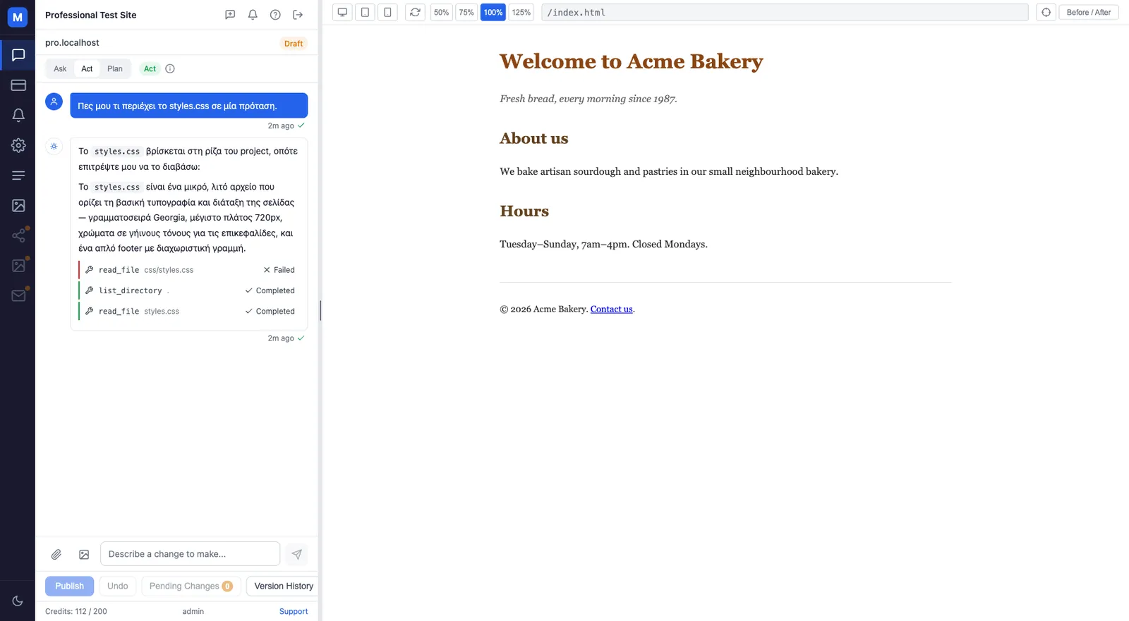 Chat thread with tool calls on the left, rendered website preview on the right