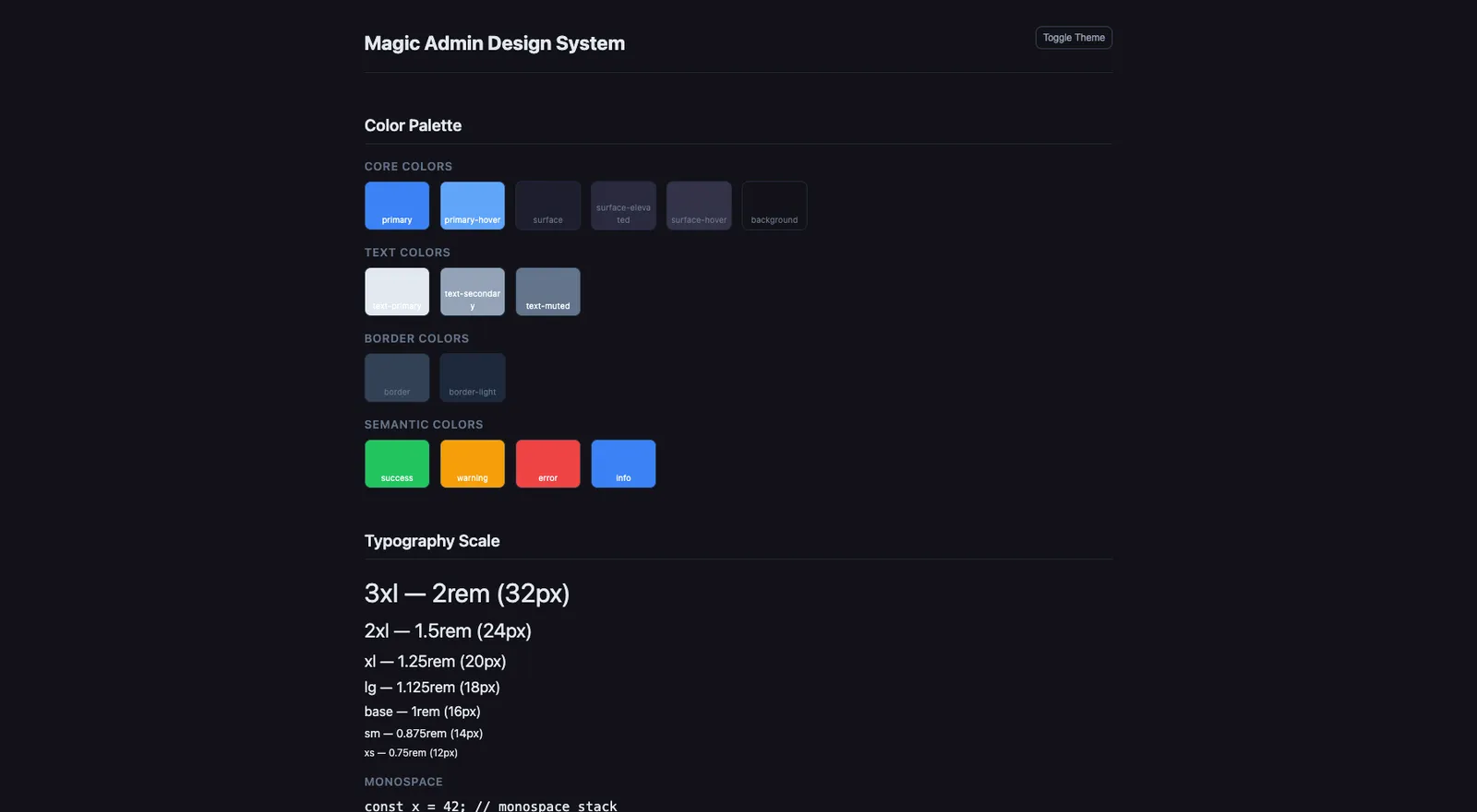 Design system page showing colour palette swatches and a typography scale