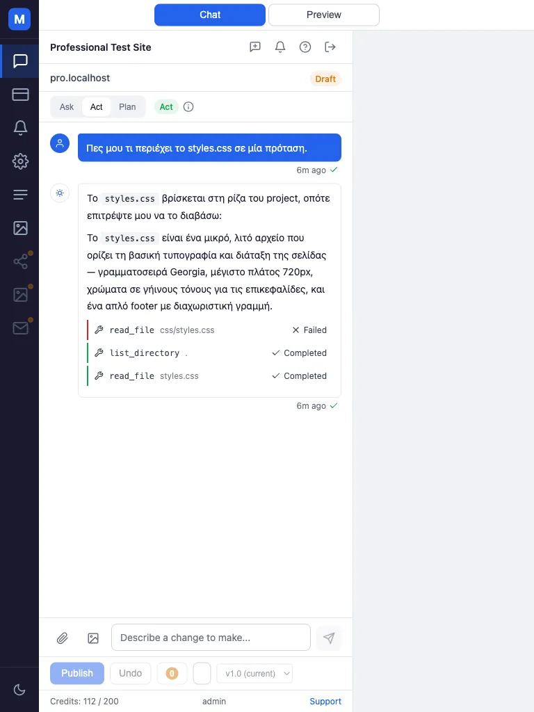 Tablet-width layout with Chat and Preview as two tabs