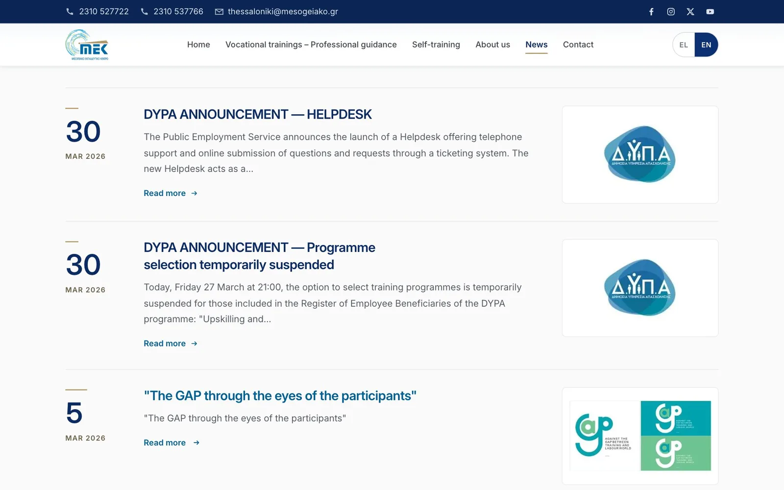 The news list: each item has a large day number with month and year, a headline, a short summary and a "Read more" link, with a framed thumbnail on the right; the first two are DYPA announcements dated 30 March 2026 with the DYPA logo, and the third, "The GAP through the eyes of the participants" from 5 March 2026, has its headline in a lighter blue under the pointer, next to the GAP project logo.