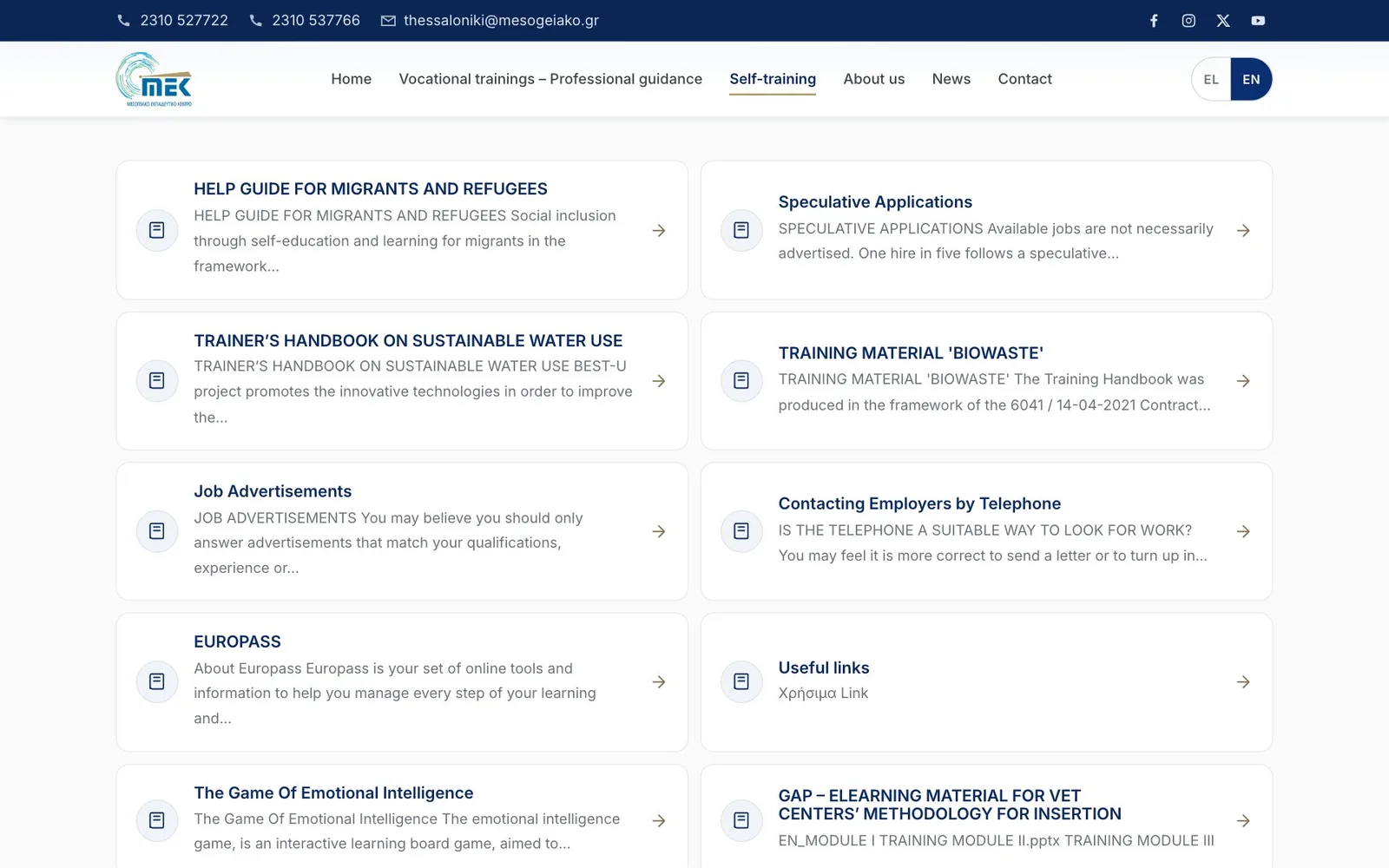 The self-training index in two columns of cards, each with a document icon, a title, a short summary and an arrow: a help guide for migrants and refugees, speculative applications, a trainer's handbook on sustainable water use, training material on biowaste, job advertisements, contacting employers by telephone, Europass, useful links, the Game of Emotional Intelligence and GAP e-learning material; Self-training is underlined in the menu.