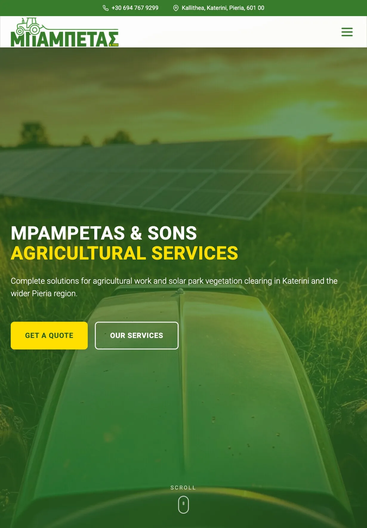 The home page on a tablet: the green bar with the phone number and address, the logo and a menu button, then the solar panels and the tractor's hood, with the two-line heading, the introduction, the "Get a Quote" and "Our Services" buttons and the scroll cue.