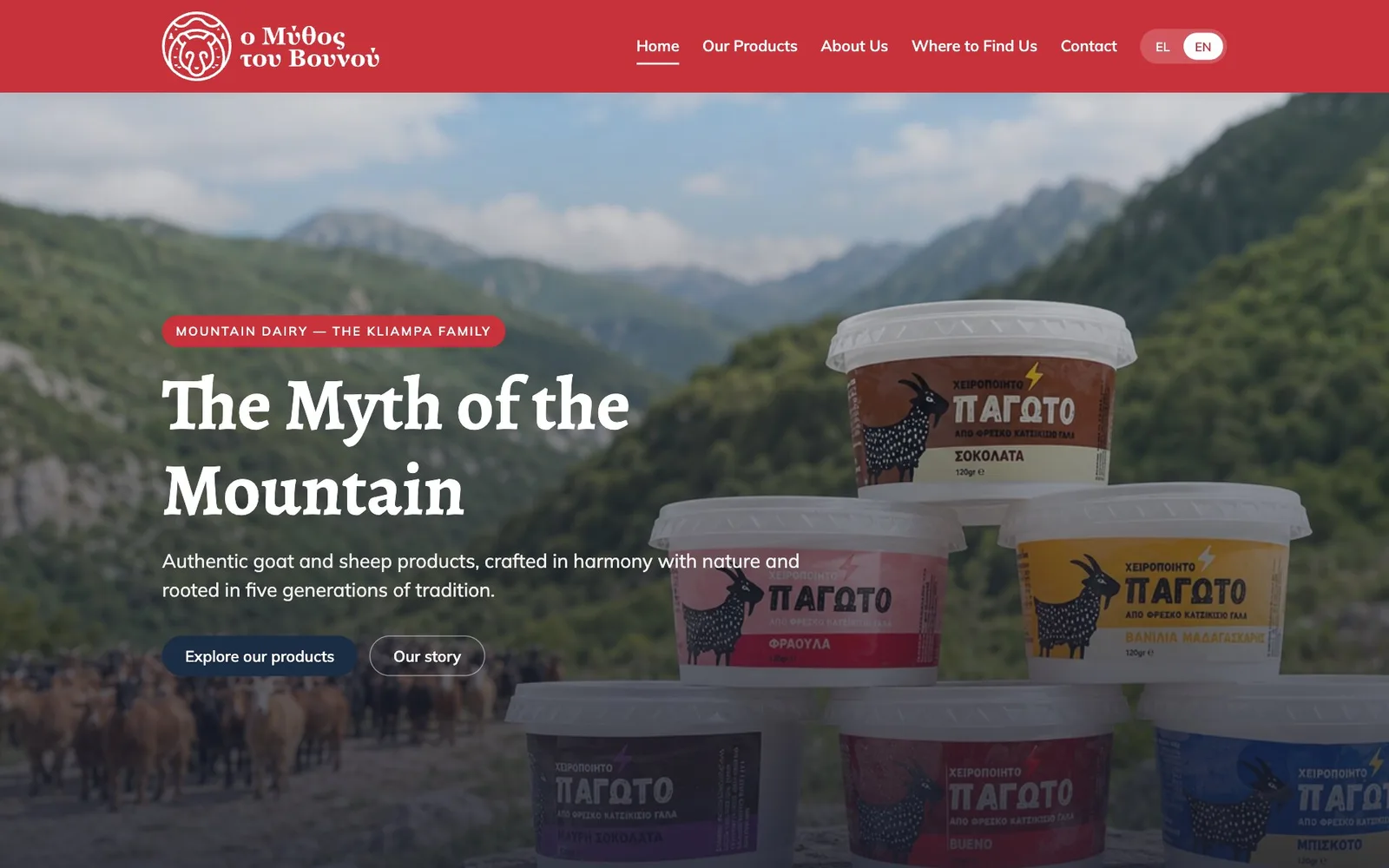The O Mythos tou Vounou home page in English: a red header with the round logo, a bear's head under a mountain outline, beside the Greek name "ο Μύθος του Βουνού", the menu Home, Our Products, About Us, Where to Find Us and Contact, and an EL/EN switch; over a photograph of green mountain slopes, with a herd of goats at the lower left and a stack of ice-cream tubs on the right, each labelled "ΠΑΓΩΤΟ" with a black goat drawing, the red tag "MOUNTAIN DAIRY — THE KLIAMPA FAMILY", the headline "The Myth of the Mountain", the line "Authentic goat and sheep products, crafted in harmony with nature and rooted in five generations of tradition." and a navy "Explore our products" button beside an outlined "Our story" button.