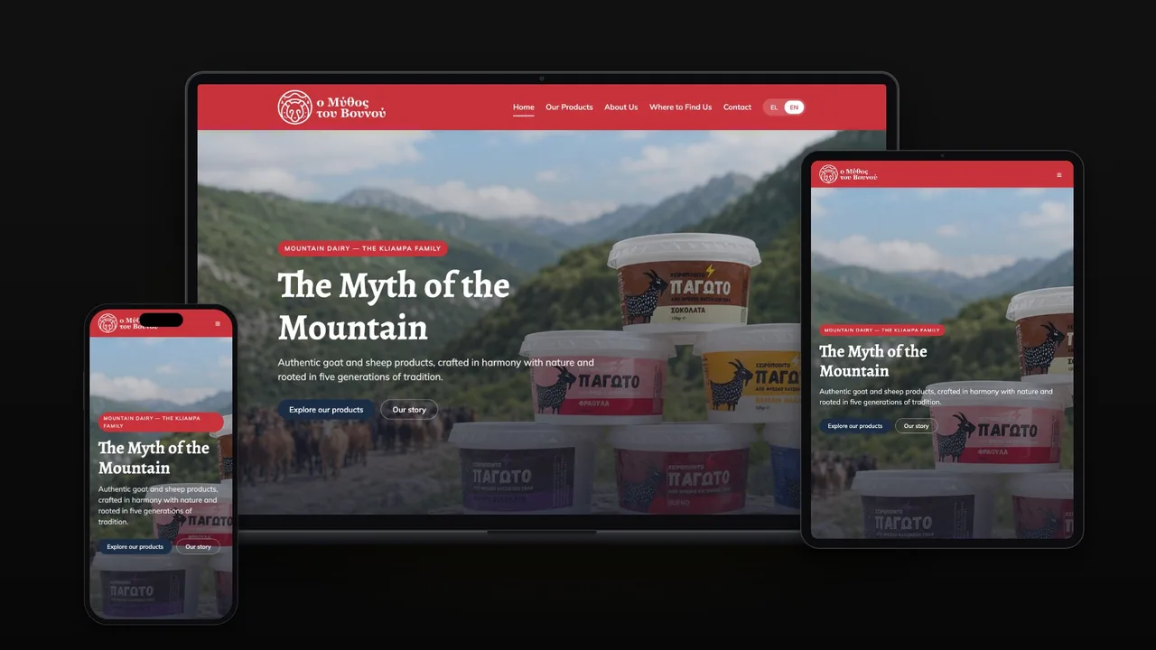 The Myth of the Mountain on a laptop, a tablet and a phone