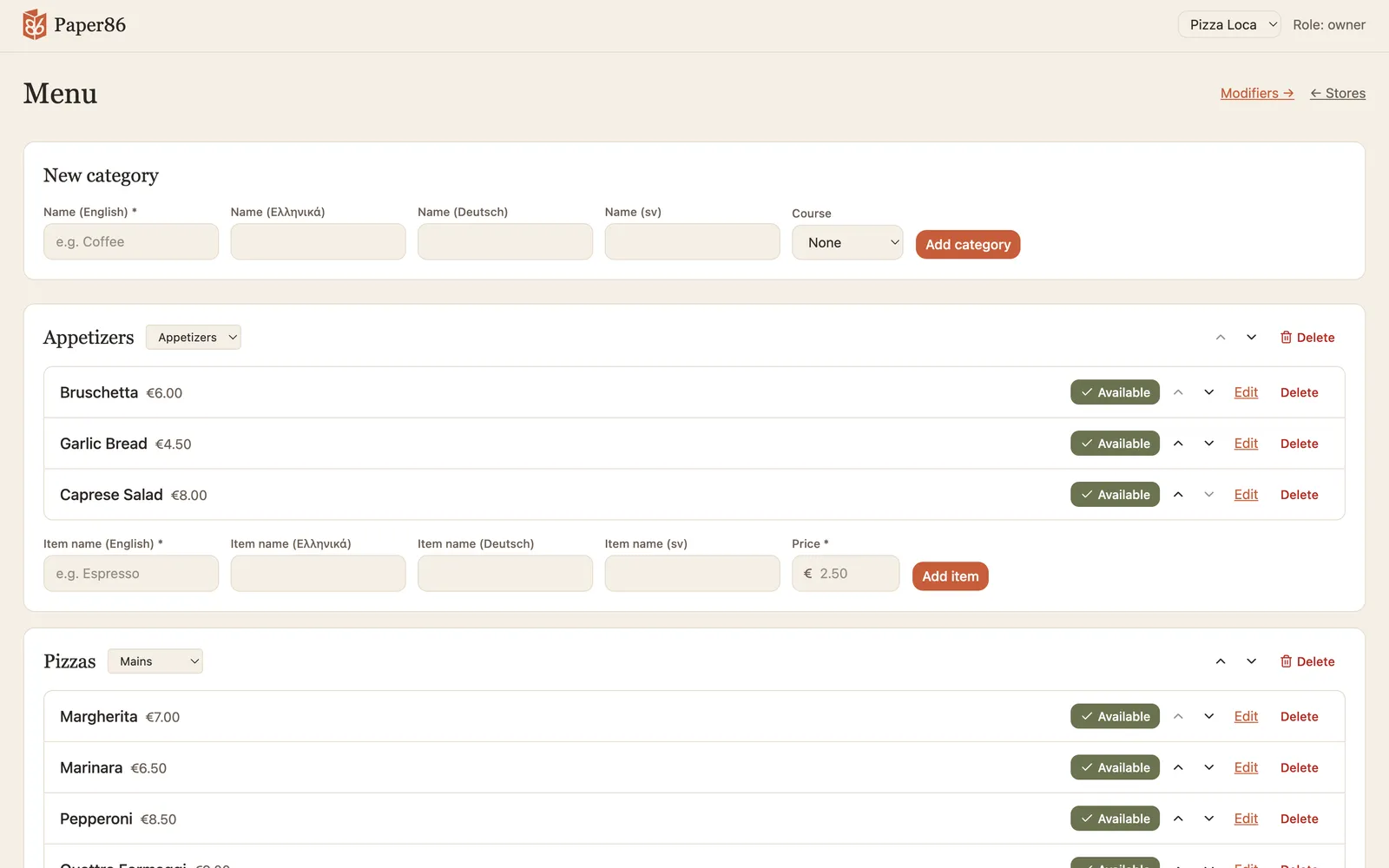 Menu editor showing categories and items with a name field per language