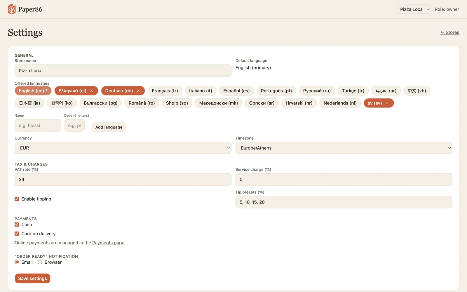 Store settings with a long row of selectable language chips
