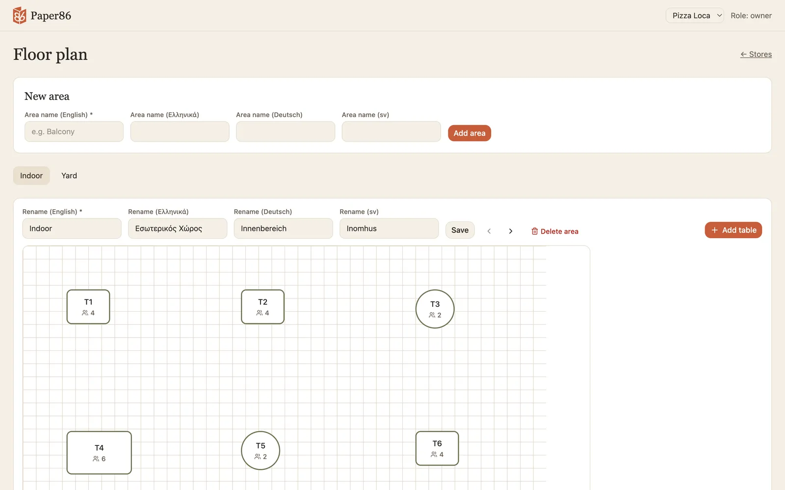 Floor plan editor with indoor and yard areas and numbered round tables
