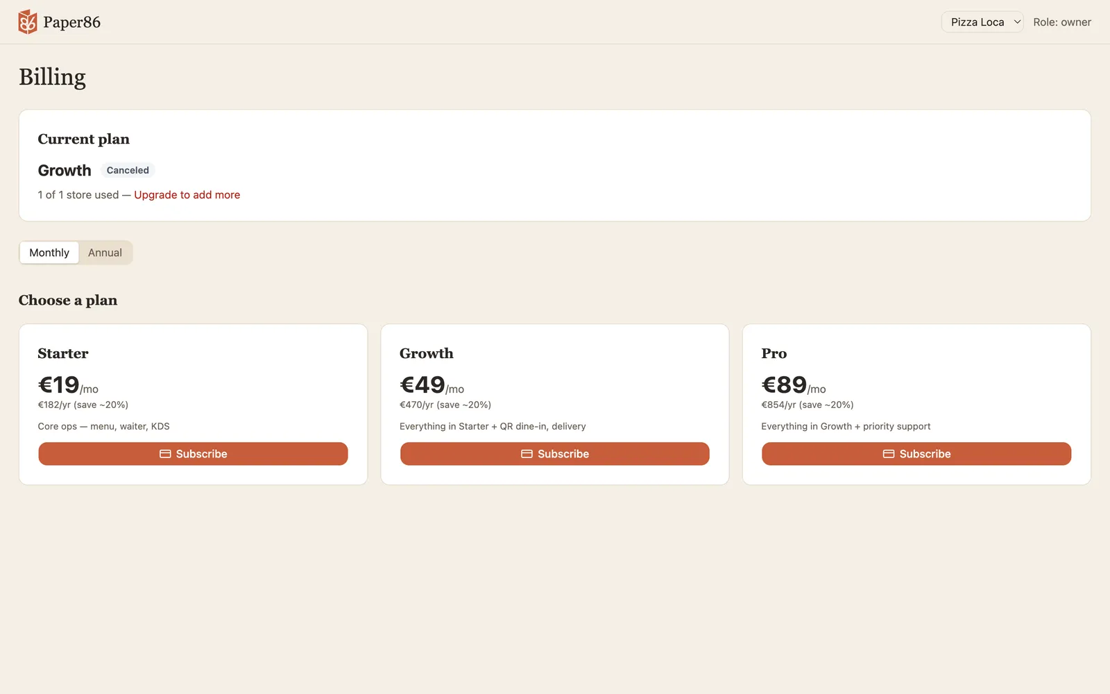 Billing page with Starter, Growth and Pro subscription tiers