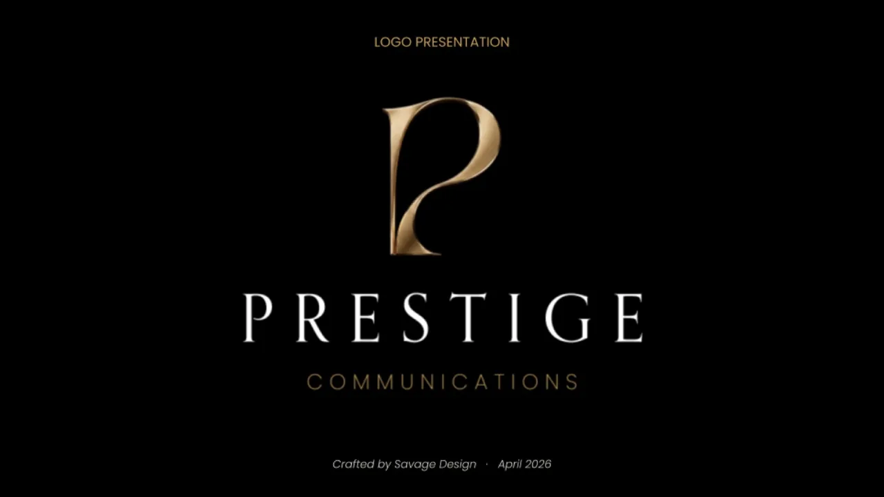 Gold Couture-P monogram above the PRESTIGE COMMUNICATIONS wordmark on black