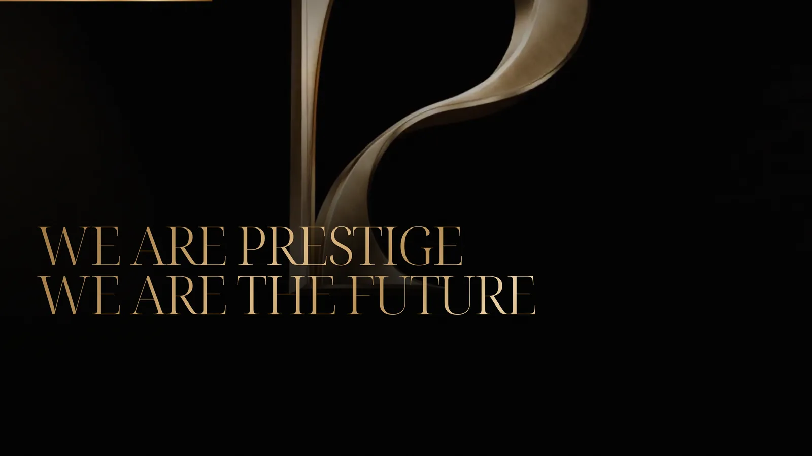 About page with the words We are Prestige, We are the future in gold beneath the monogram