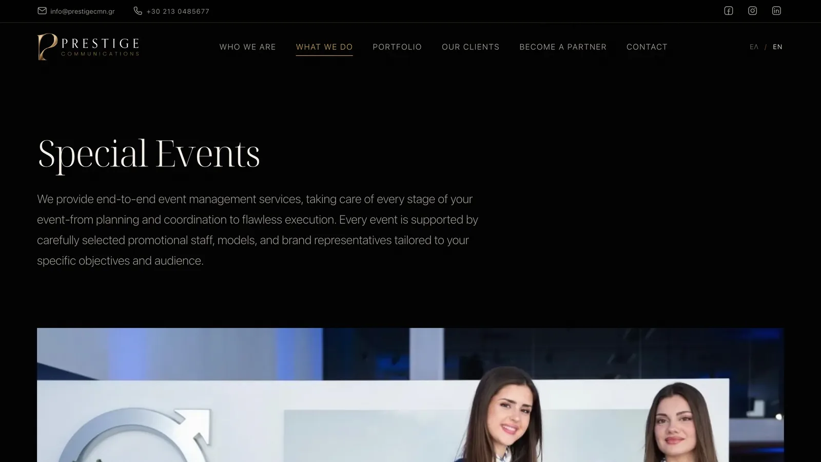 Special Events service page: heading, description and a photograph of two hosts at a Volvo stand