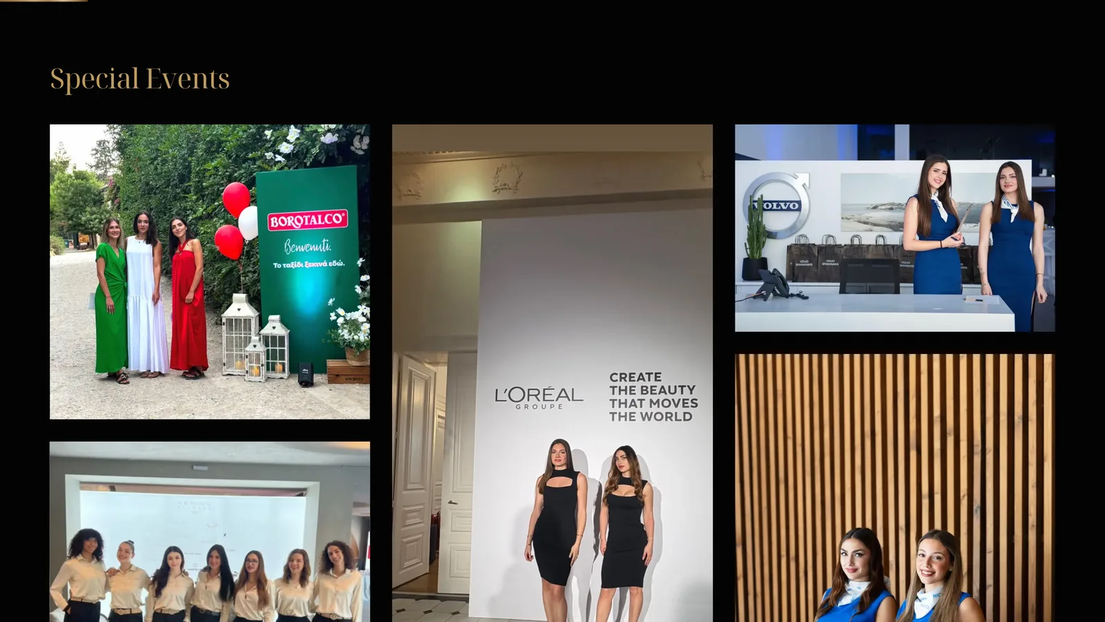 Portfolio section headed Special Events, a masonry grid of event photographs