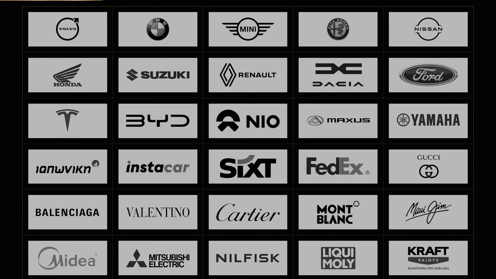 Client wall of brand logos including Volvo, BMW, Honda, Tesla, FedEx, Gucci, Cartier and Valentino, each on a light chip