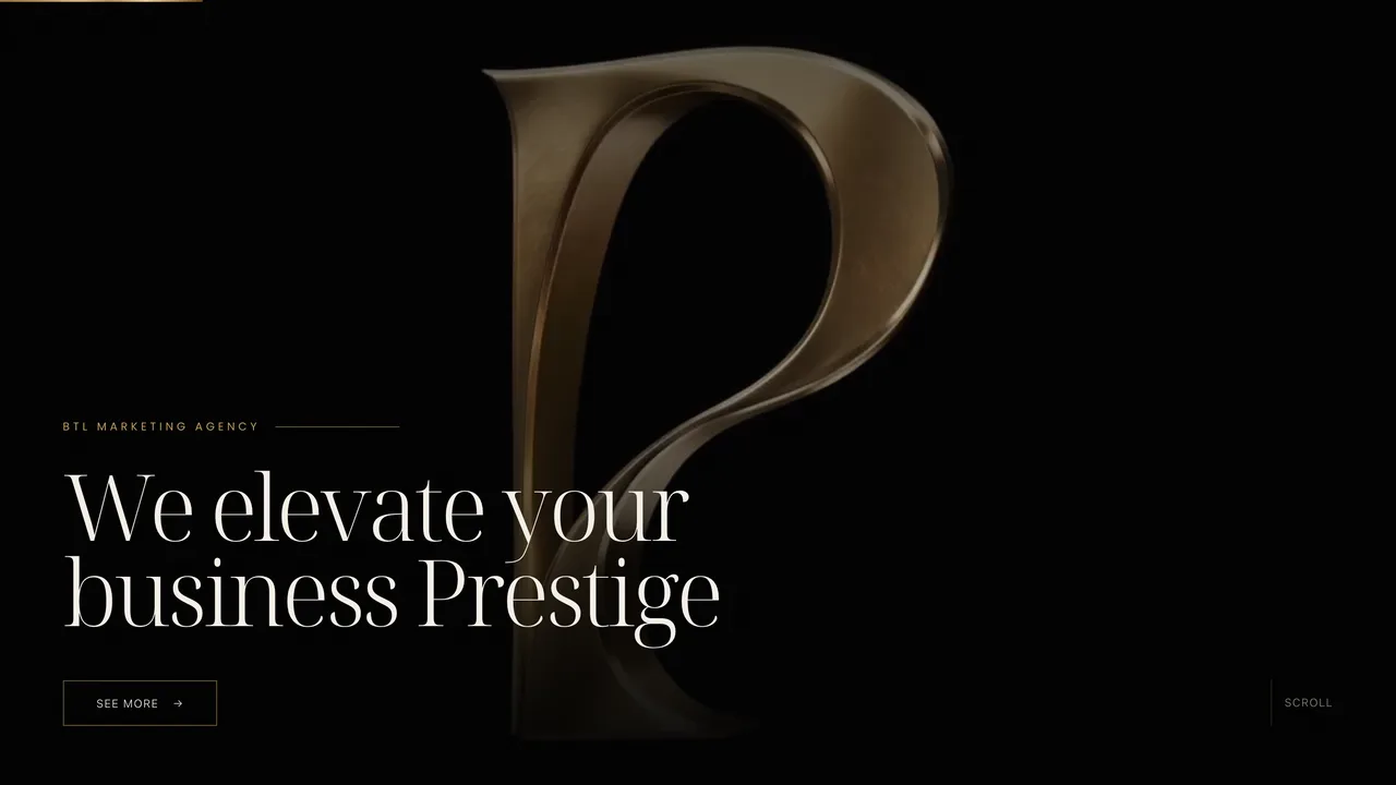 Gold P monogram behind the headline We elevate your business Prestige, on black