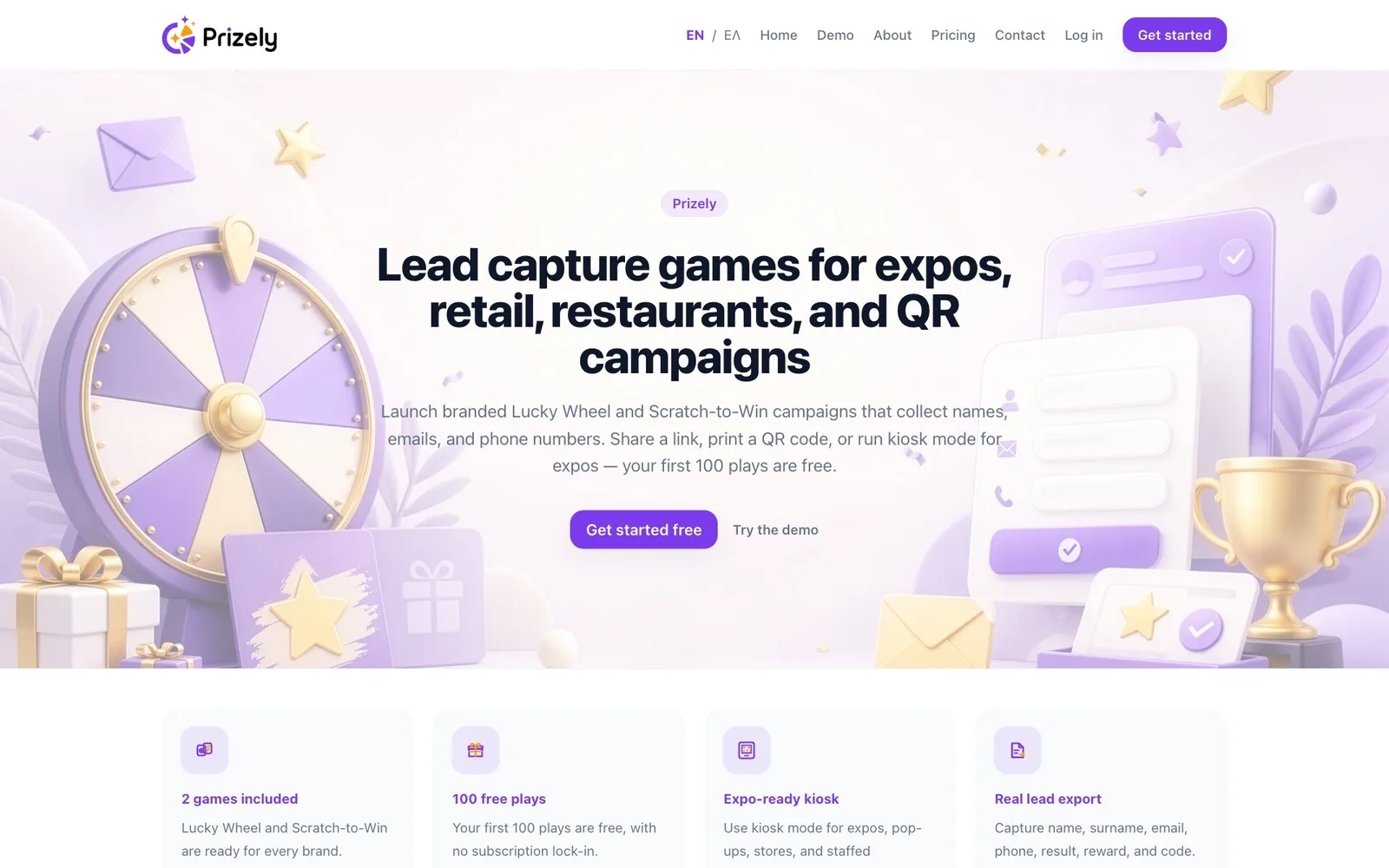 The Prizely home page: a small "Prizely" label above the headline "Lead capture games for expos, retail, restaurants, and QR campaigns", a line about Lucky Wheel and Scratch-to-Win campaigns that collect names, emails and phone numbers, and a purple "Get started free" button beside a "Try the demo" link, over a pale purple illustration of a prize wheel, a scratch card, a sign-up form and a gold trophy.