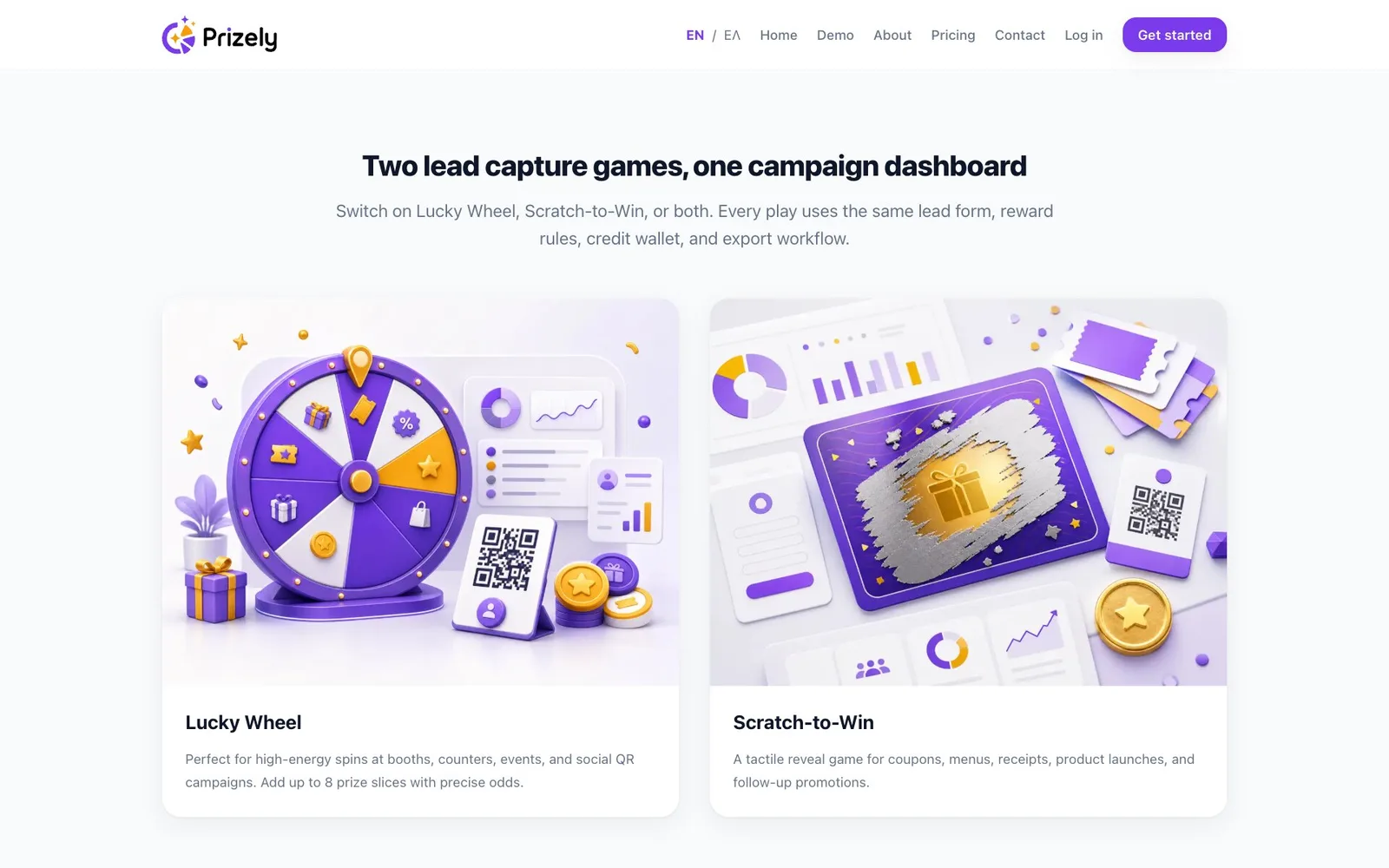 The heading "Two lead capture games, one campaign dashboard" and a line on switching on either game or both, above two cards: Lucky Wheel, illustrated with a purple and gold prize wheel beside a QR code stand and coins, and Scratch-to-Win, illustrated with a half-scratched silver card showing a gold gift, each with a short description.