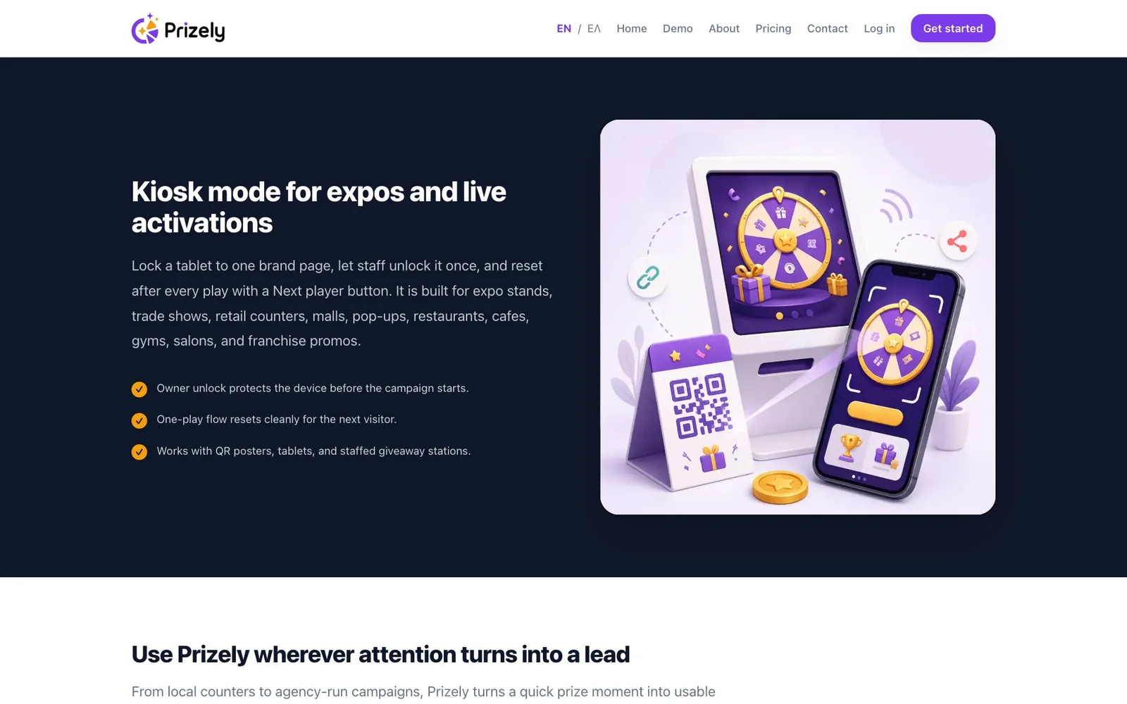 A dark section headed "Kiosk mode for expos and live activations", with a paragraph on locking a tablet to one brand page and three points ticked in gold, beside an illustration of a kiosk screen and a phone, both showing a prize wheel, next to a card with a QR code.