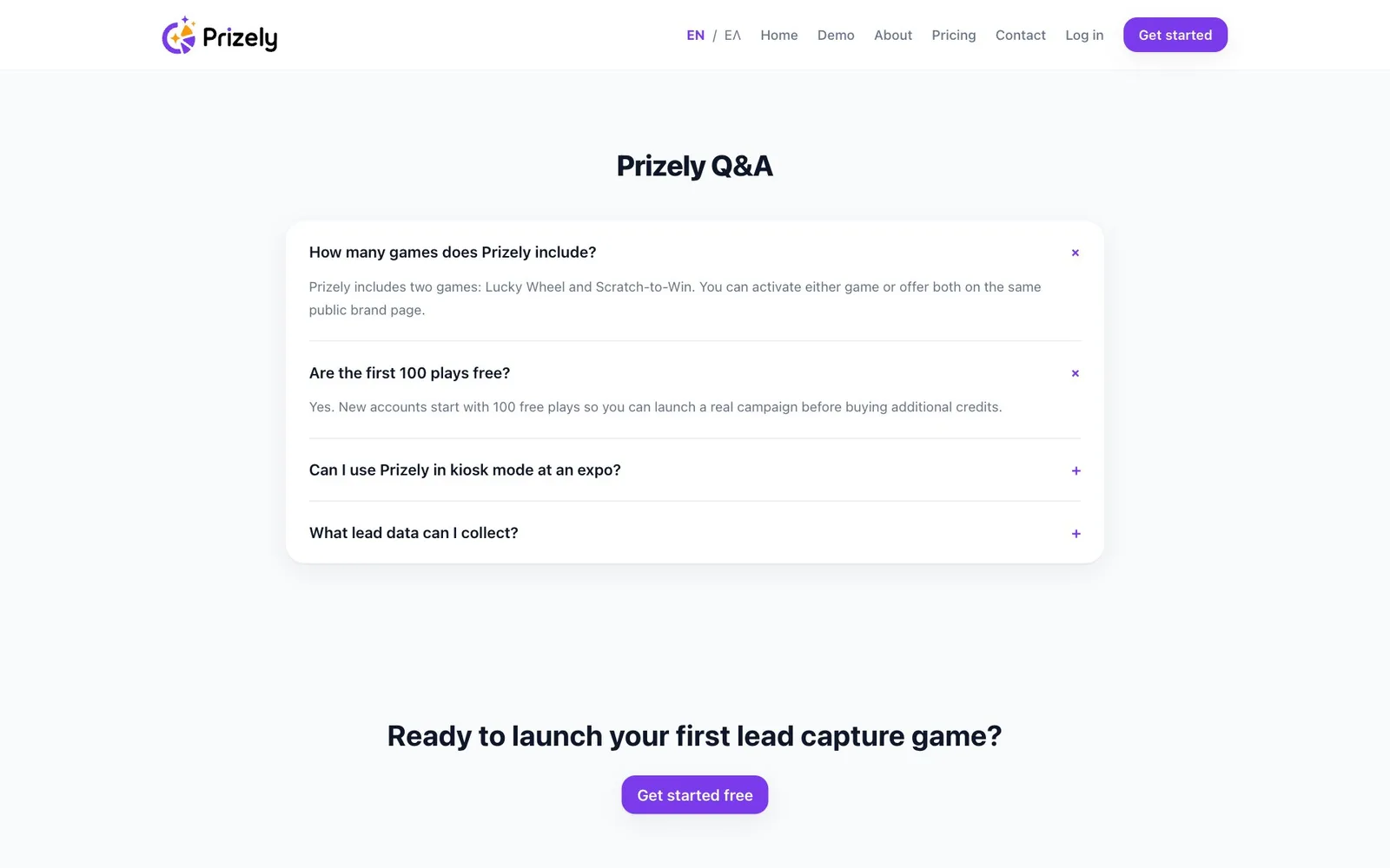 The heading "Prizely Q&A" above four questions, the first two open, on how many games Prizely includes and whether the first 100 plays are free, and the other two closed with plus signs, followed by the line "Ready to launch your first lead capture game?" and a "Get started free" button.