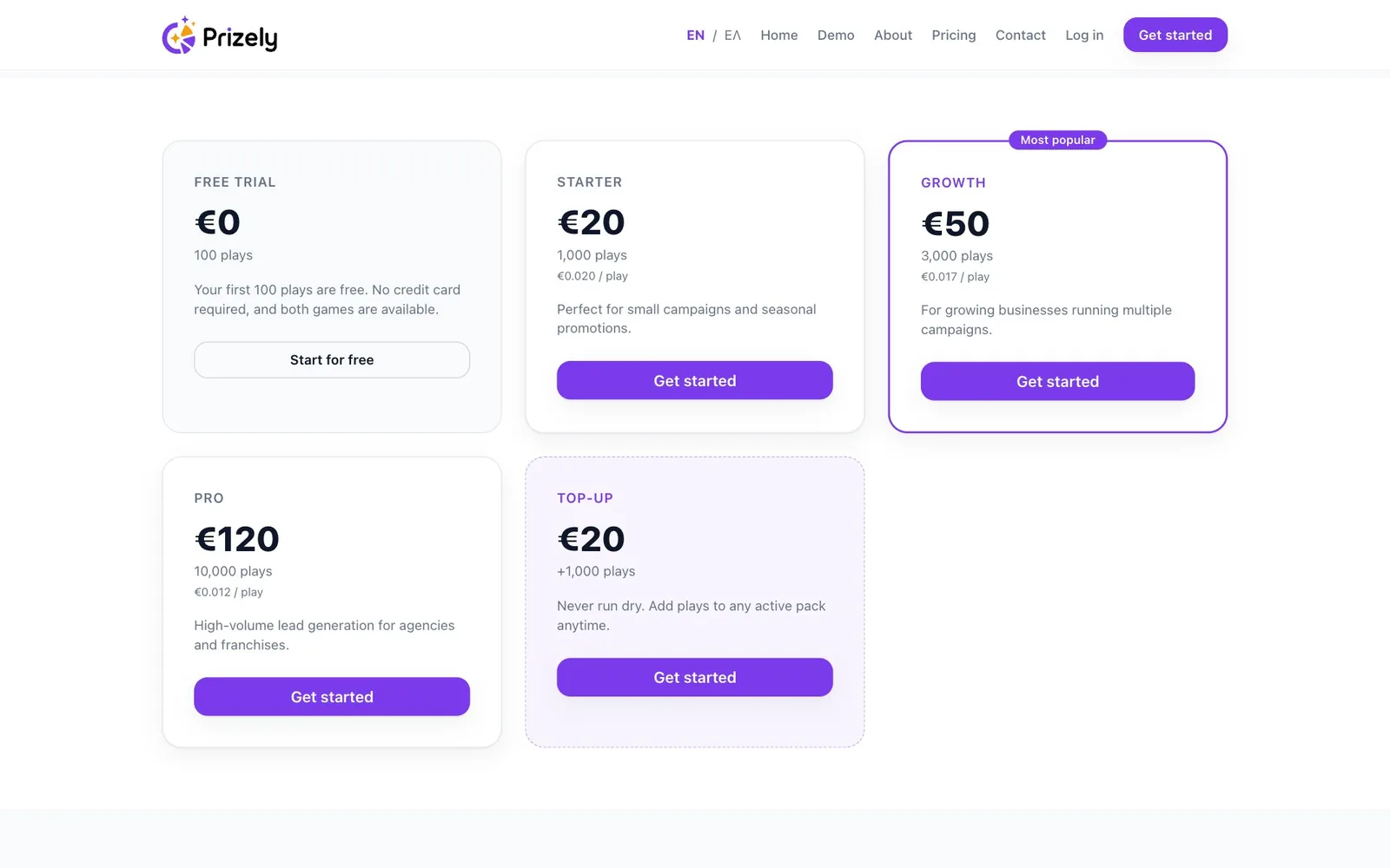 Five pricing cards: Free trial, €0 for 100 plays; Starter, €20 for 1,000 plays; Growth, €50 for 3,000 plays, outlined in purple with a "Most popular" badge; Pro, €120 for 10,000 plays; and Top-up, €20 for 1,000 more plays, on a lilac card with a dashed border. Each has a short description and a button.