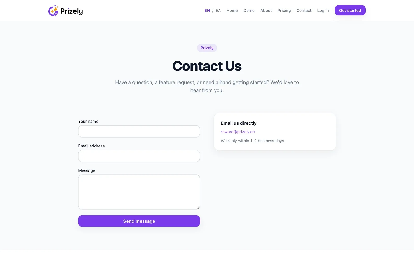 The Contact Us page: the heading and a short invitation to get in touch, a form with empty fields for name, email address and message above a purple "Send message" button, and beside it a card headed "Email us directly" with the address reward@prizely.cc and a reply time of one to two business days.