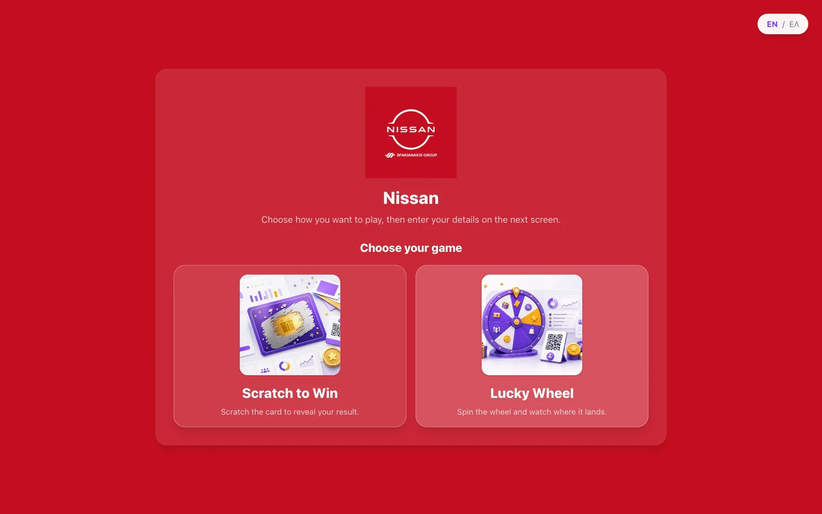 A brand's game page in Nissan red: the Nissan logo with "Sfakianakis Group" beneath it, the name Nissan, the line "Choose how you want to play, then enter your details on the next screen", and two illustrated cards, Scratch to Win and Lucky Wheel, the second lighter under the pointer, with an EN / ΕΛ language switch in the top corner.