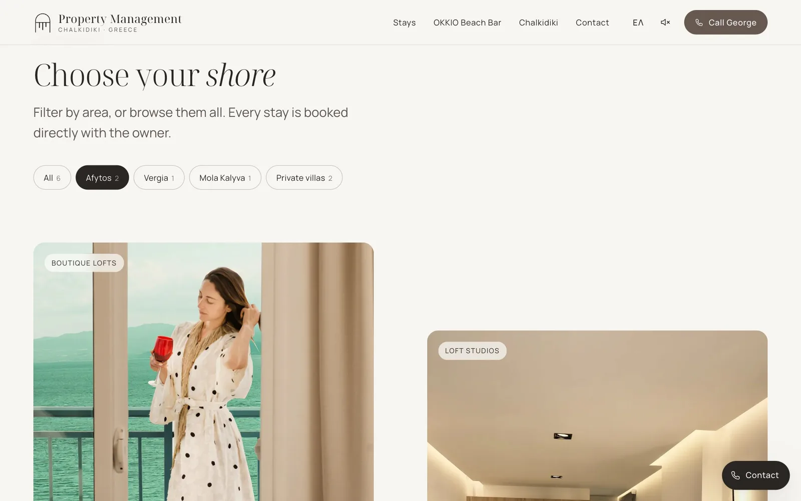 The "Choose your shore" section, with the line "Filter by area, or browse them all. Every stay is booked directly with the owner." and a row of filter buttons — All 6, Afytos 2, Vergia 1, Mola Kalyva 1, Private villas 2 — with Afytos selected; below, two stay cards labelled "Boutique lofts", showing a guest in a white polka-dot robe with a red glass on a balcony above the sea, and "Loft studios", showing a ceiling with recessed lights.