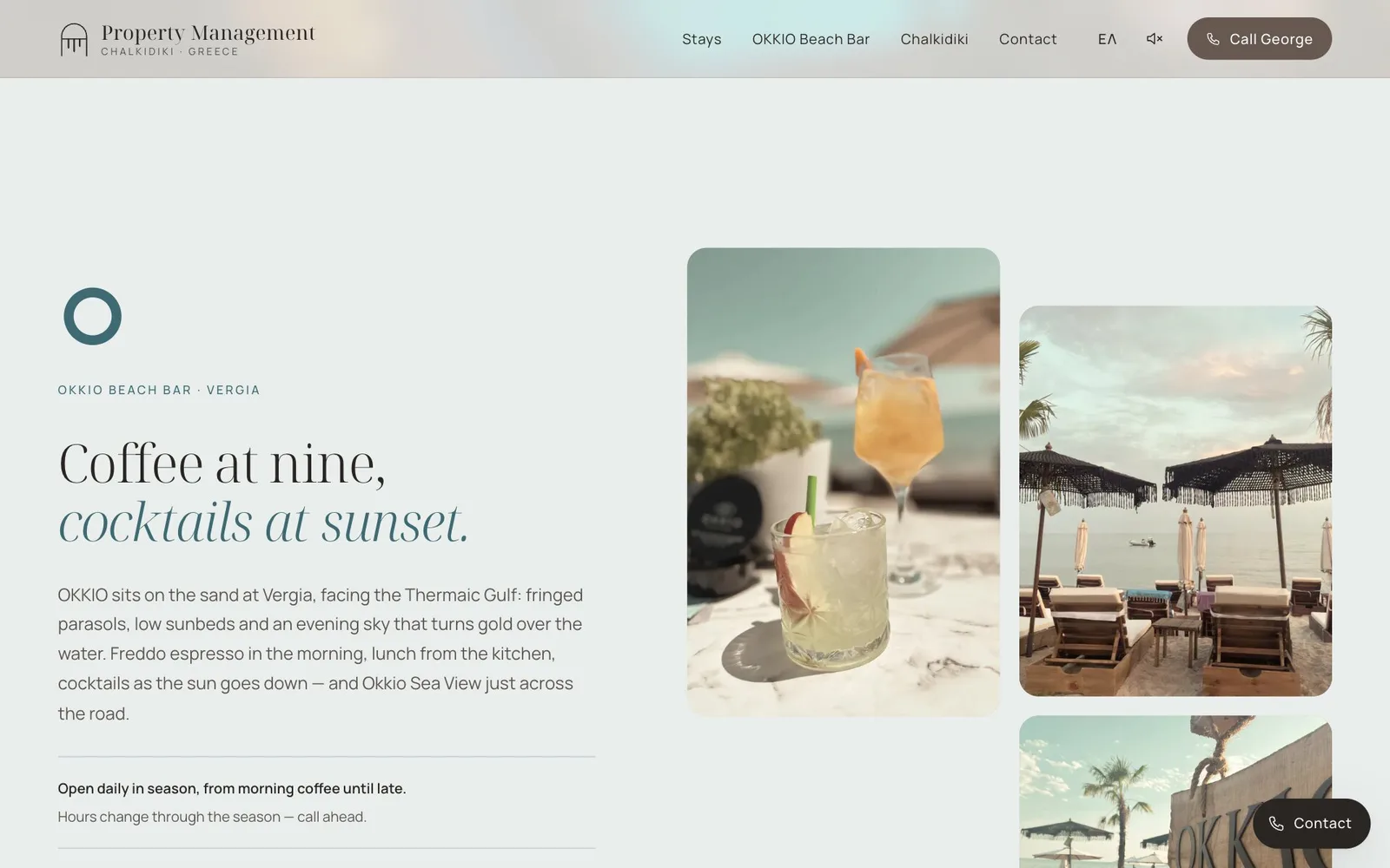 The OKKIO section of the home page on a pale blue background: a teal ring logo, the line "OKKIO Beach Bar · Vergia", the heading "Coffee at nine, cocktails at sunset." with its second line in teal italic, a paragraph about the bar and its opening hours; on the right, photographs of a cocktail with fruit on a table, sunbeds under fringed parasols and part of the OKKIO sign.