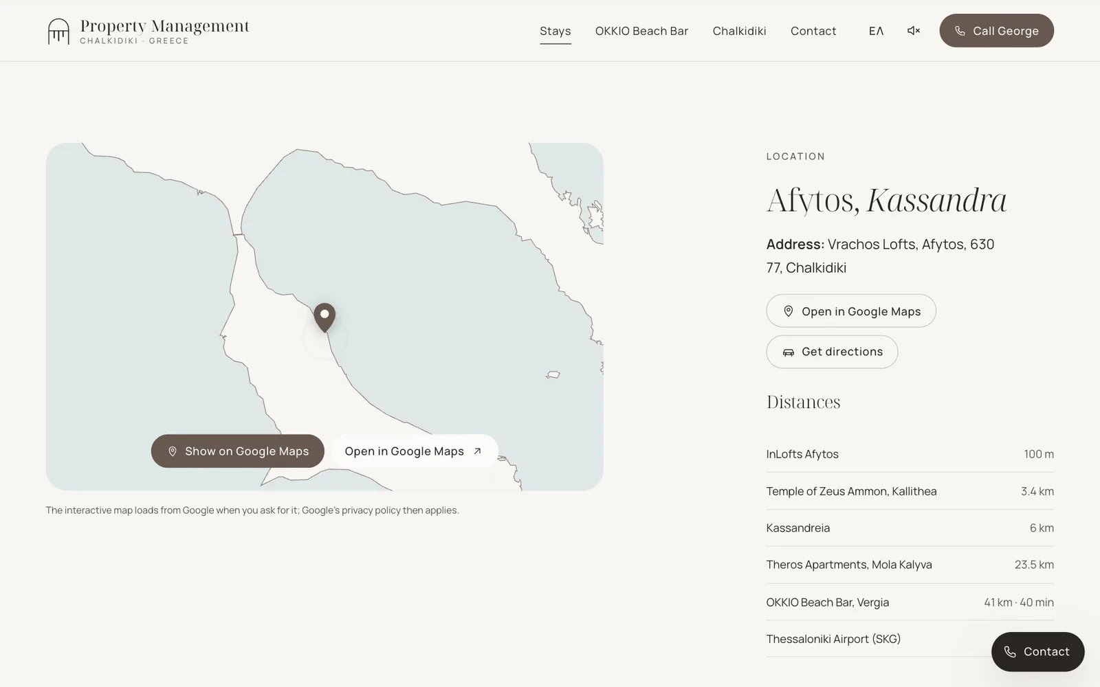 The location section of the Vrachos Lofts page: a pale map of the Kassandra coast with one pin at Afytos and the buttons "Show on Google Maps" and "Open in Google Maps", a note that the interactive map loads from Google only when asked for; on the right the heading "Afytos, Kassandra", the address, buttons for Google Maps and directions, and a list of distances to nearby places, from InLofts Afytos at 100 m to OKKIO Beach Bar at 41 km · 40 min.