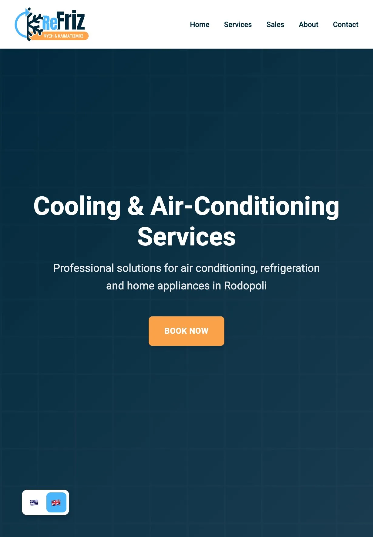The home page on a tablet: the logo and the whole menu in one row, then the navy grid hero with the headline over two lines, the line about air conditioning, refrigeration and home appliances in Rodopoli and the orange "BOOK NOW" button, with the flag switch at the bottom left.